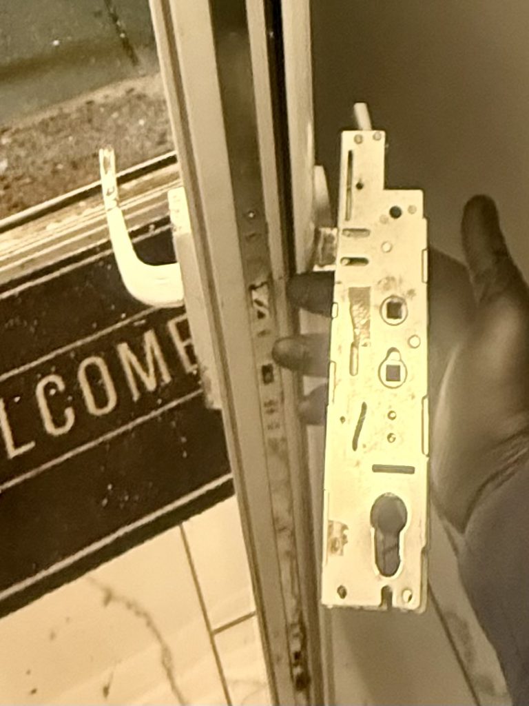 Failed multipoint door lock gearbox removed and replaced during a same-night emergency locksmith repair in Blyth NE24