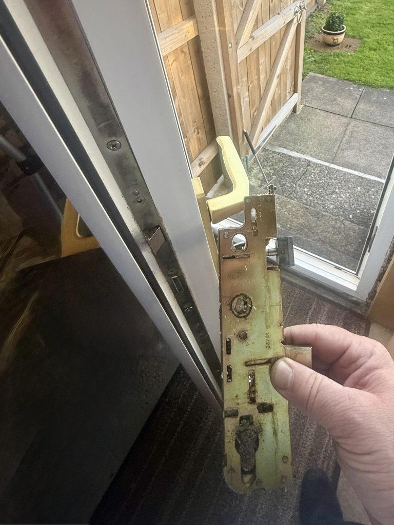 failed GU multipoint lock mechanism removed from uPVC door emergency locksmith Eastfield Cramlington NE23